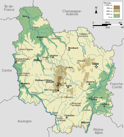 carte du relief de la Bourgogne
